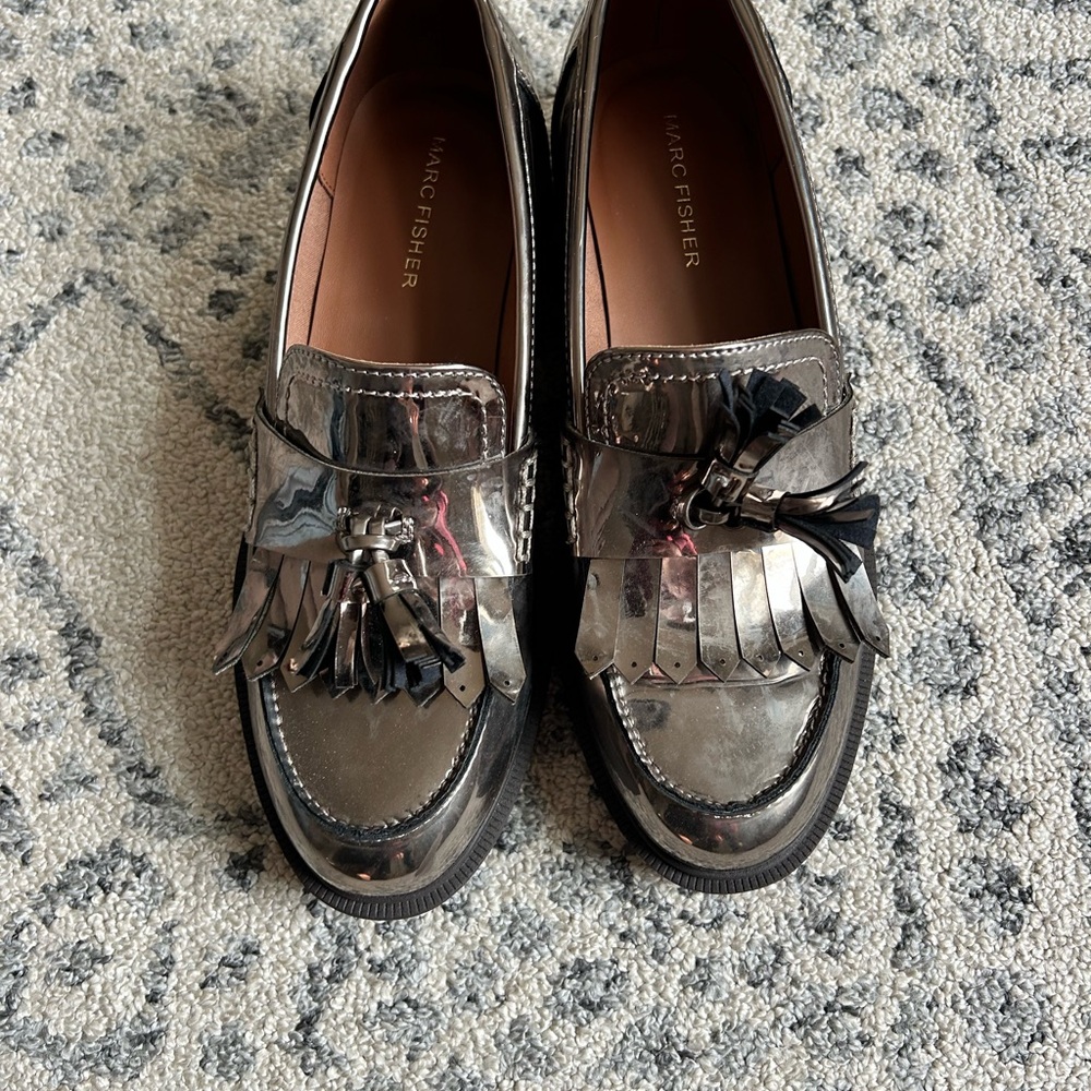 Marc Fisher Metallic Silver Tassel Loafers